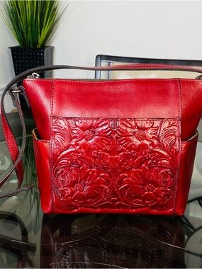 Patricia Nash Aveley Crossbody Red Leather Floral Pattern